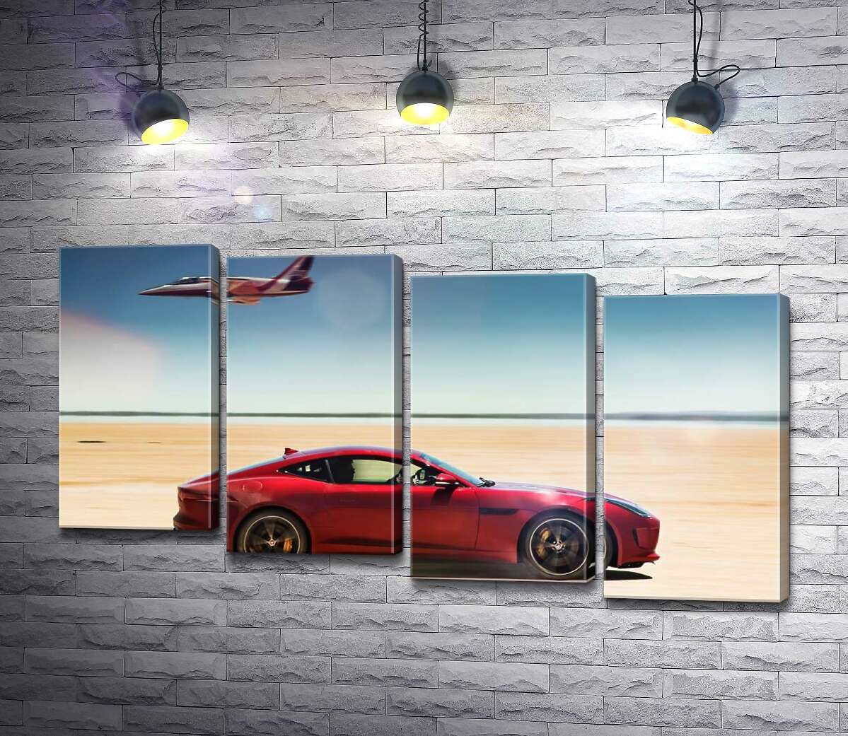 модульна картина Червоний автомобіль Jaguar F-Type R розминувся з літаком серед пустелі (Модуль №19)