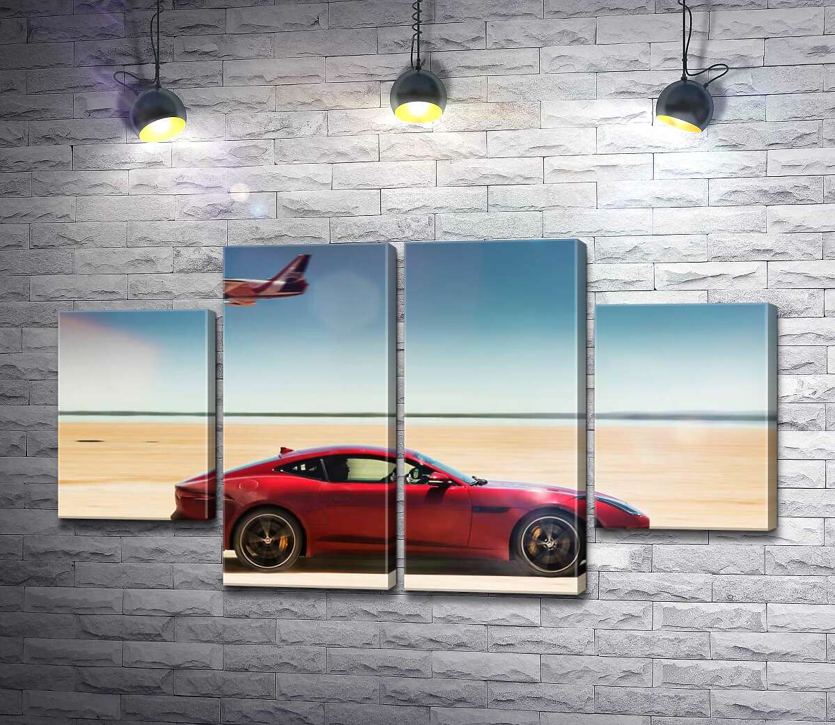 модульная картина Красный автомобиль Jaguar F-Type R разминулся с самолетом среди пустыни (Модуль №20)