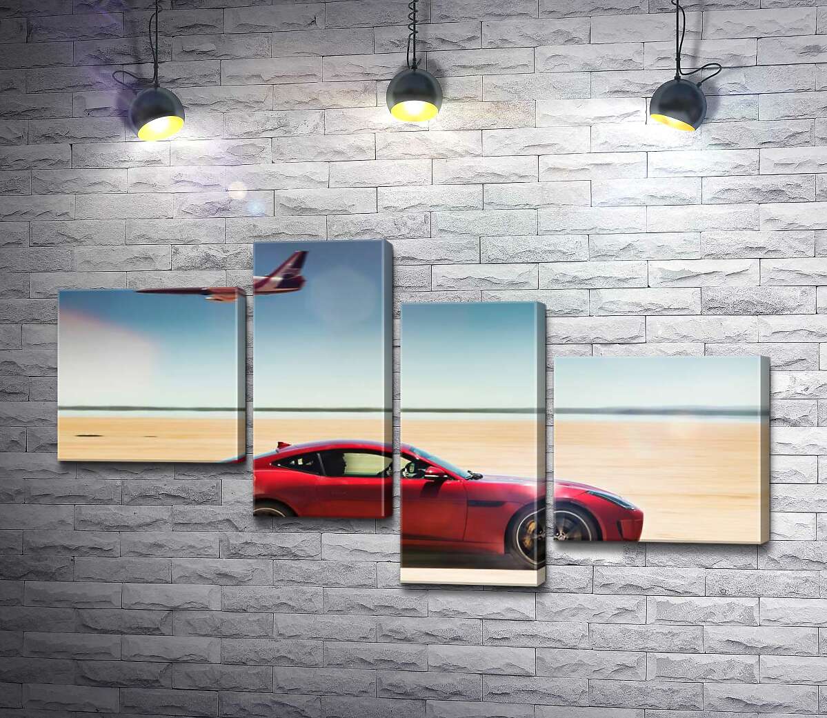 модульна картина Червоний автомобіль Jaguar F-Type R розминувся з літаком серед пустелі (Модуль №21)
