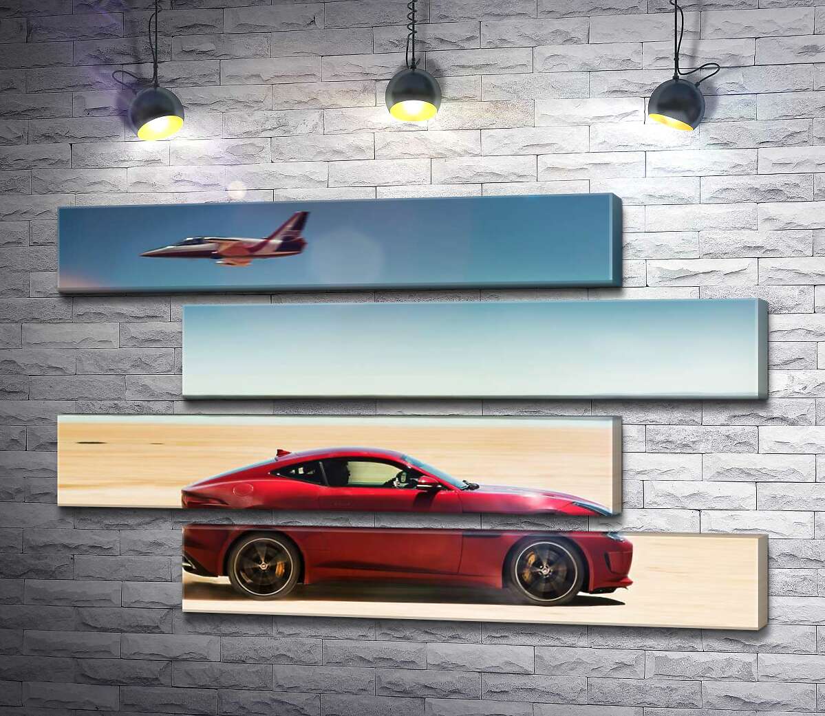 модульна картина Червоний автомобіль Jaguar F-Type R розминувся з літаком серед пустелі (Модуль №23)