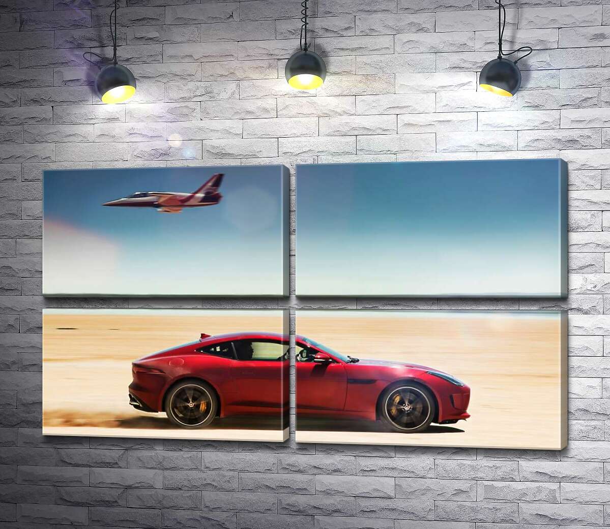 модульна картина Червоний автомобіль Jaguar F-Type R розминувся з літаком серед пустелі (Модуль №25)