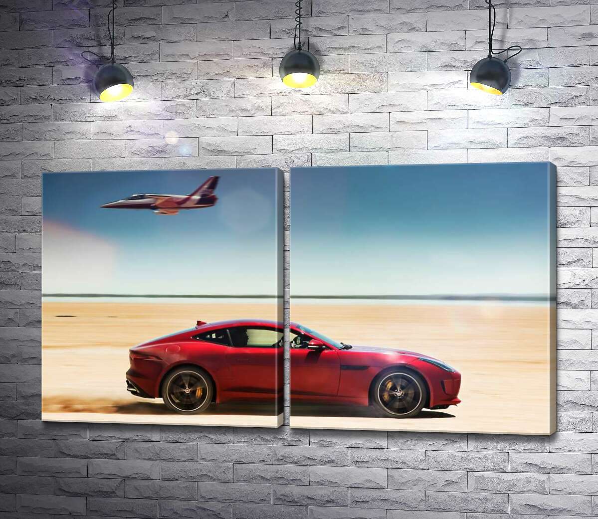 модульная картина Красный автомобиль Jaguar F-Type R разминулся с самолетом среди пустыни