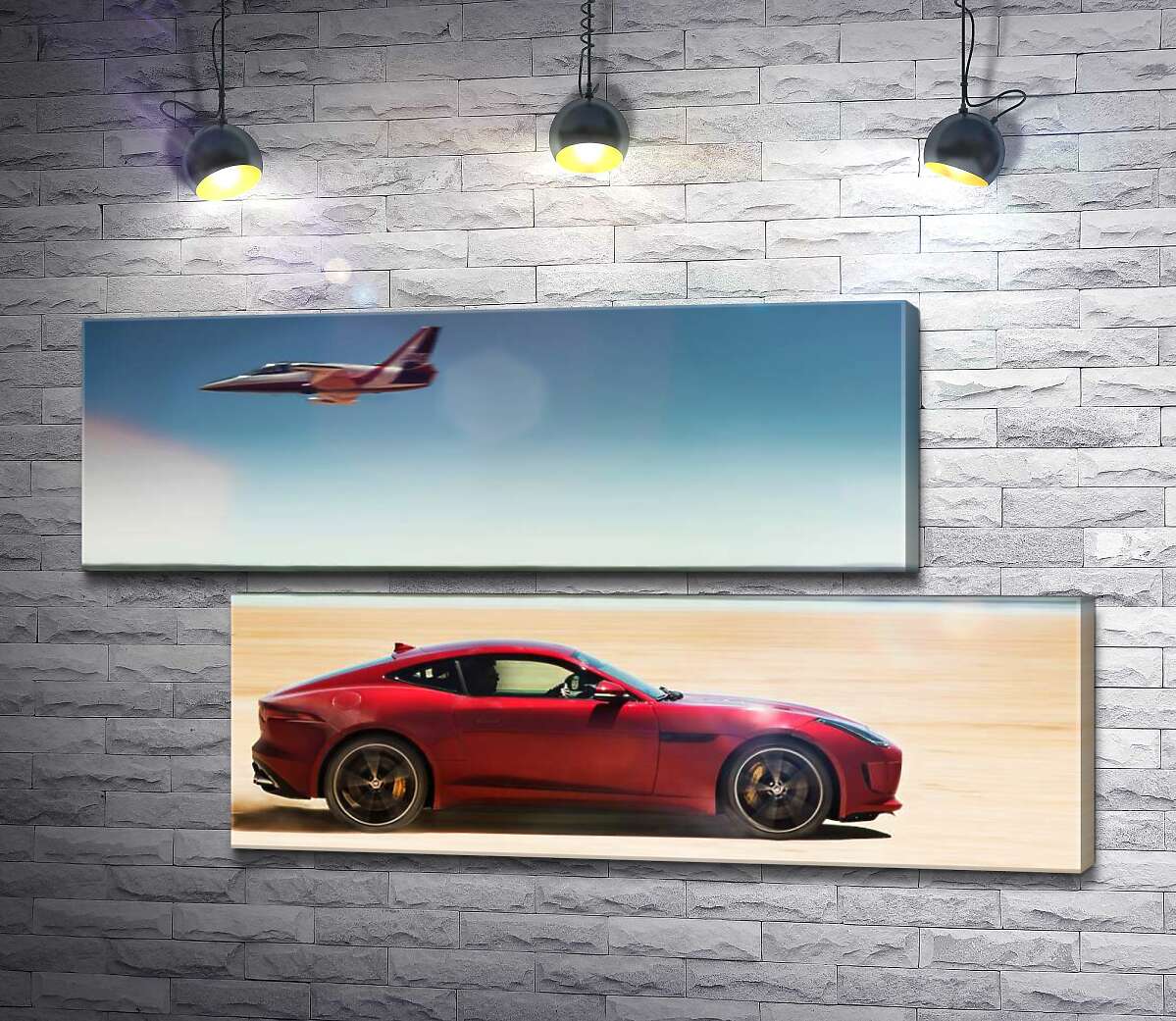 модульна картина Червоний автомобіль Jaguar F-Type R розминувся з літаком серед пустелі (Модуль №8)