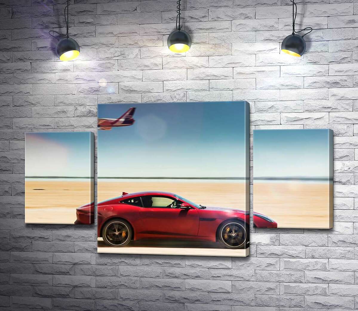 модульна картина Червоний автомобіль Jaguar F-Type R розминувся з літаком серед пустелі (Модуль №5)