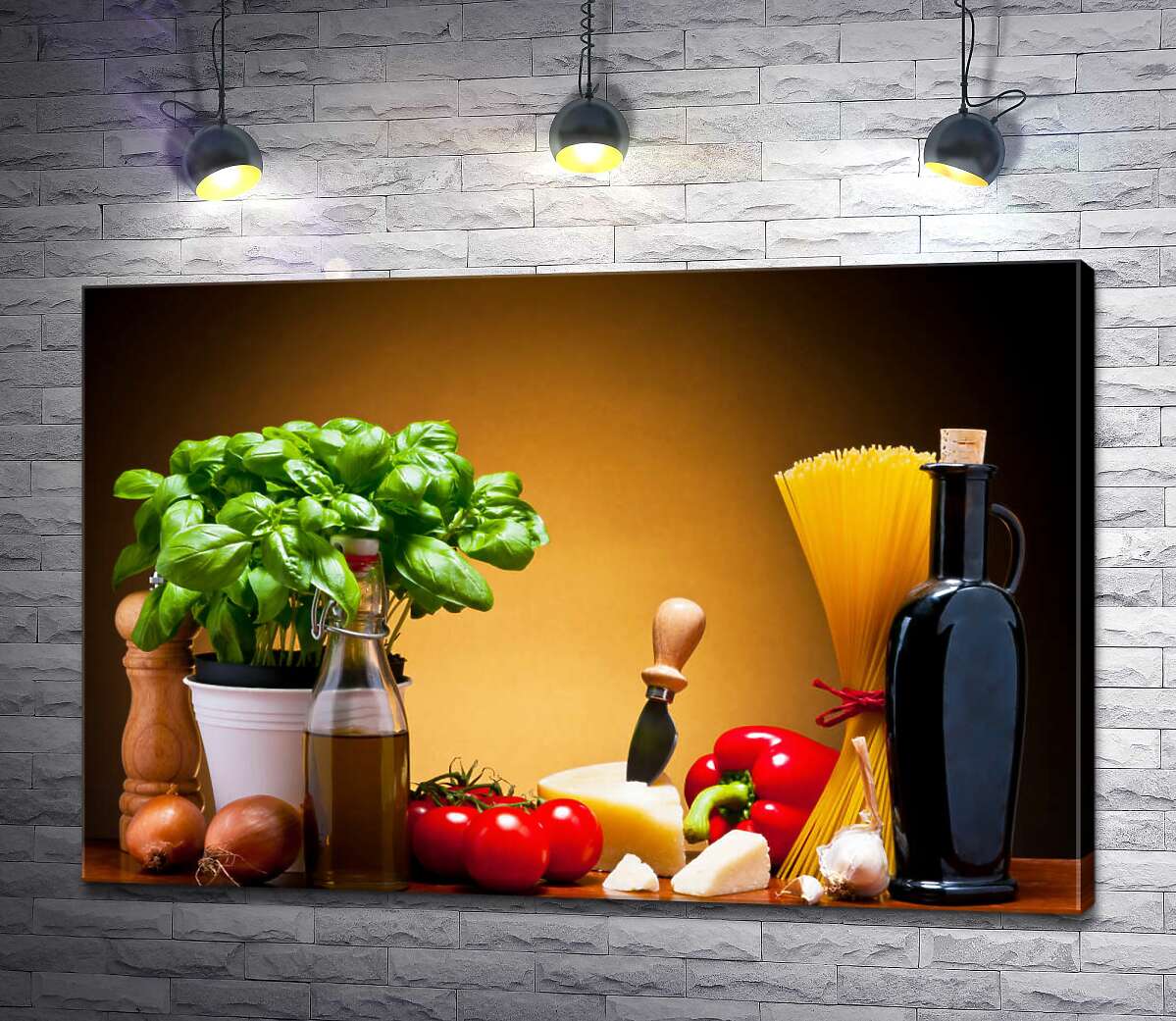 картина Итальянский натюрморт: базилик, сыр, спагетти, растительное масло, специи и овощи