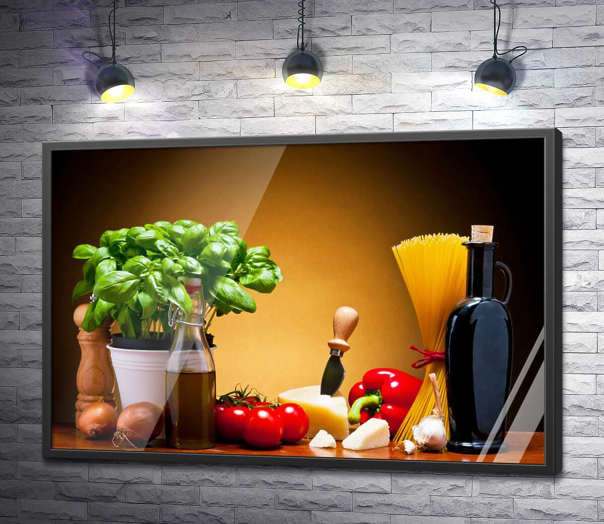 постер Итальянский натюрморт: базилик, сыр, спагетти, растительное масло, специи и овощи