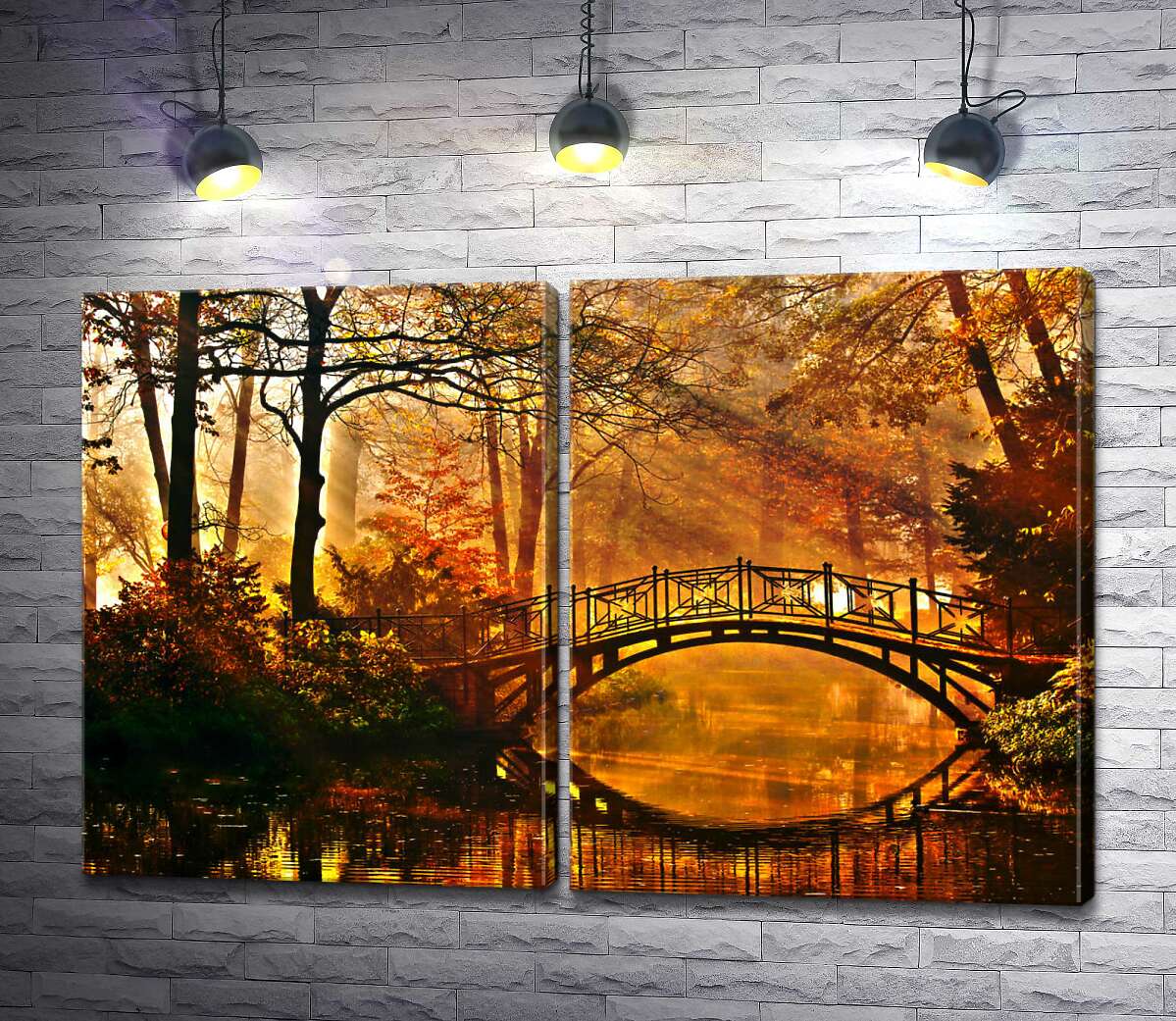 модульная картина Изысканный мост соединяет берега в осеннем лесу