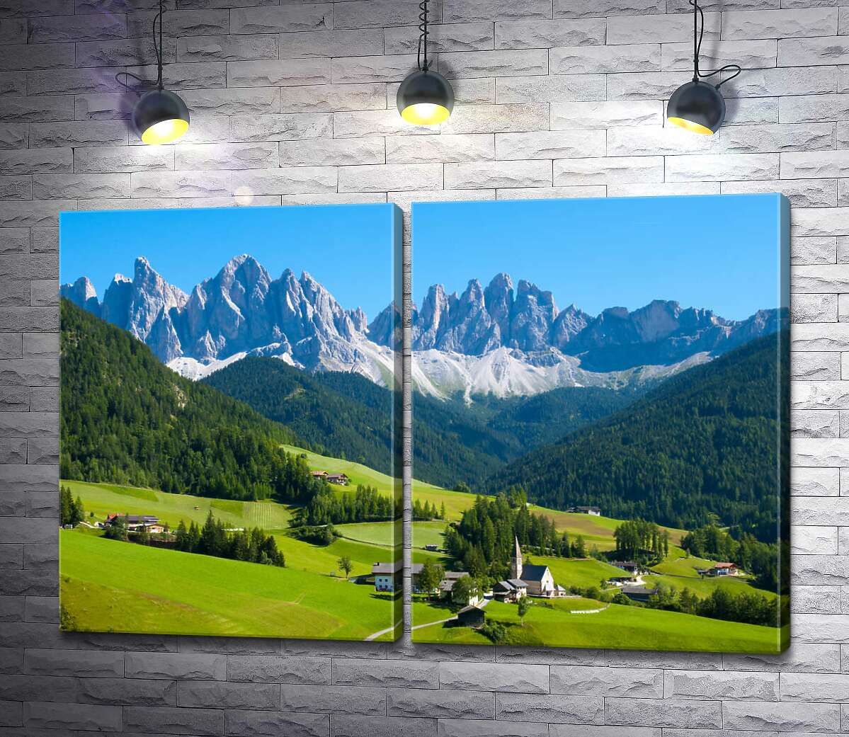 модульная картина Альпийское село спряталось на зеленой равнине среди заснеженных горных шпилей