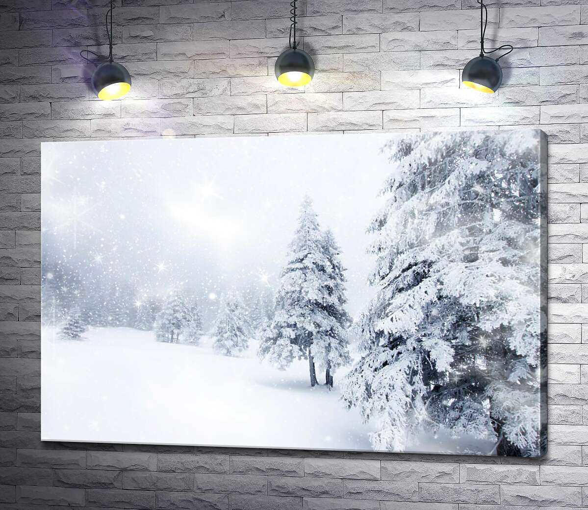 картина Белые елки стоят среди снежной метели