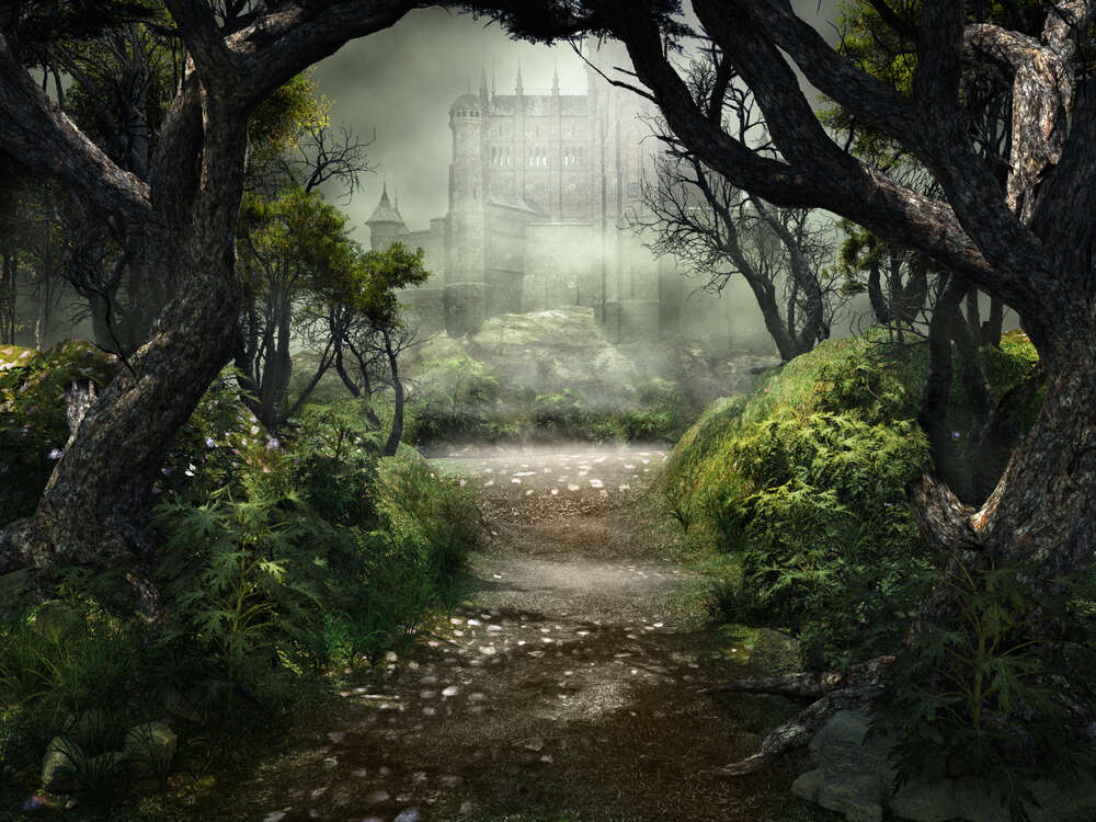 картина-постер Дорога через темный лес к туманному замку