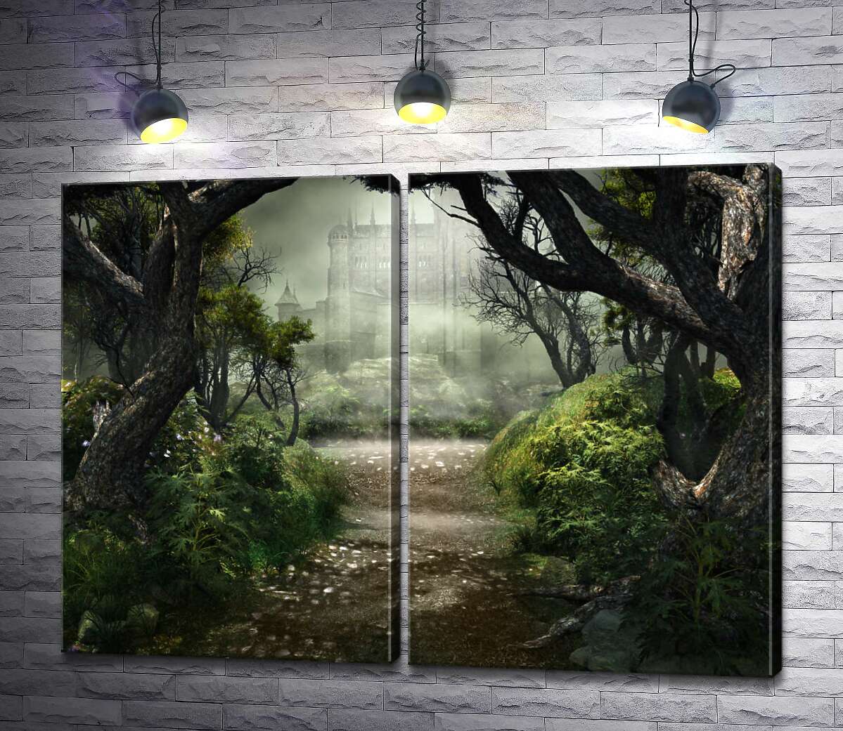 модульная картина Дорога через темный лес к туманному замку