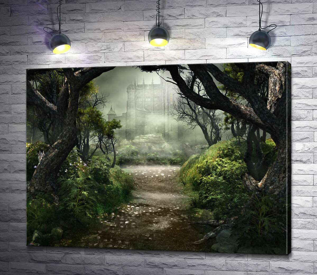 картина Дорога через темный лес к туманному замку