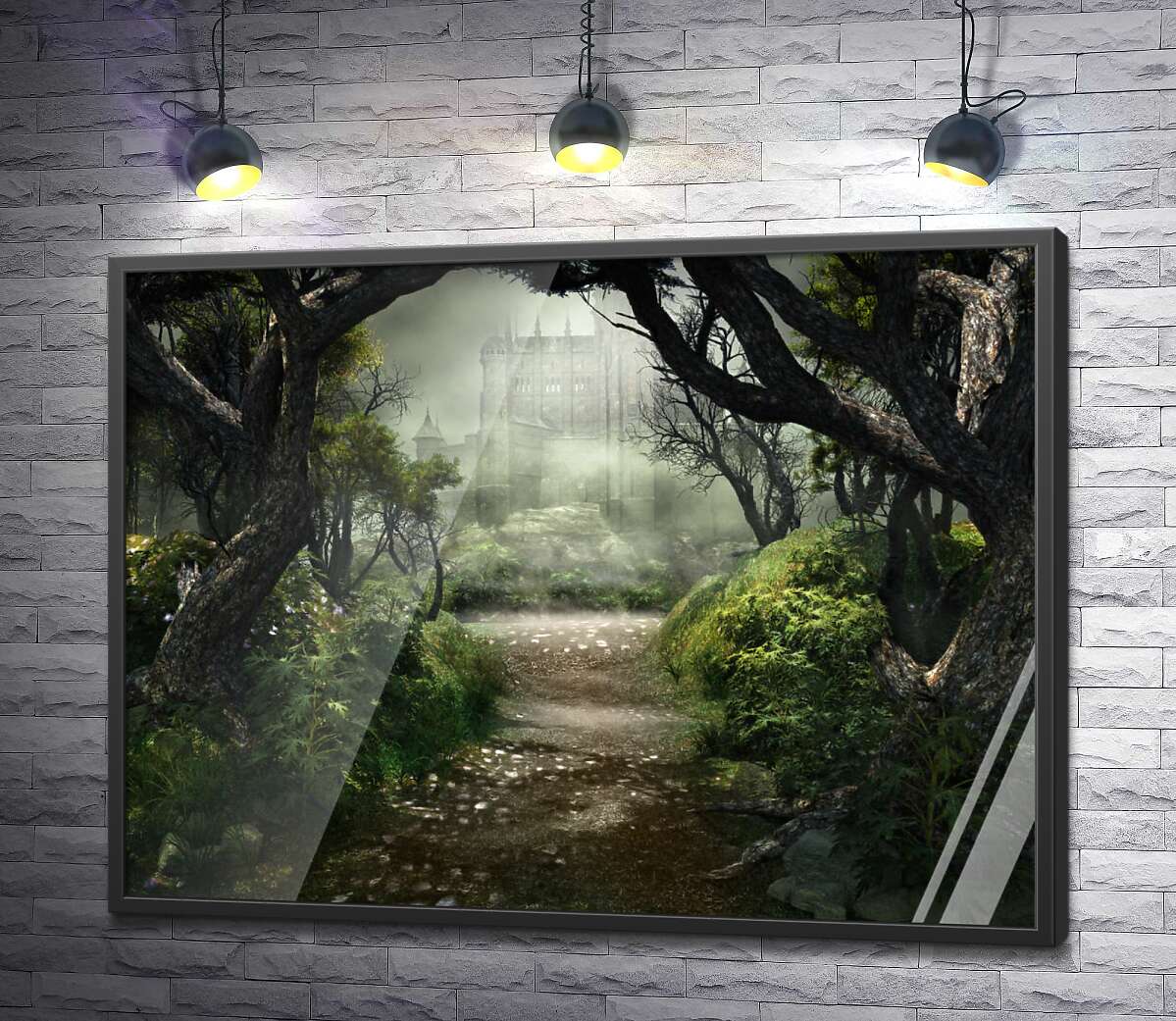 постер Дорога через темный лес к туманному замку