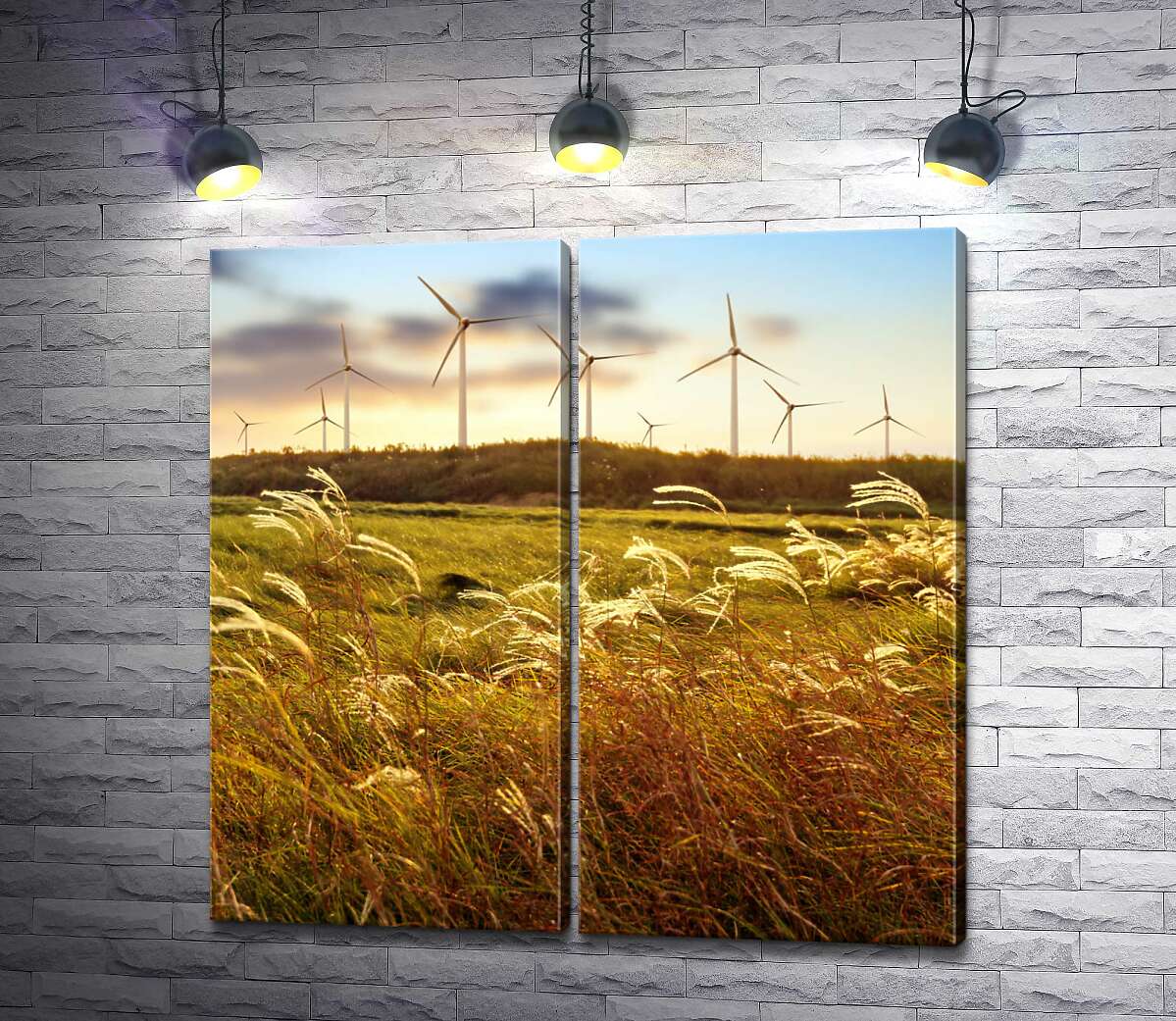 модульная картина Ветряные электростанции возвышаются над полевыми травами