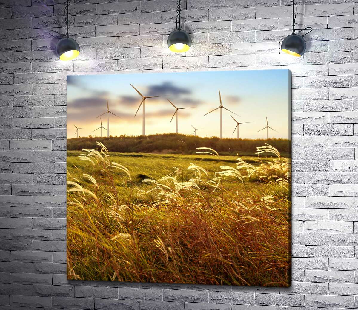 картина Вітряні електростанції височіють над польовими травами