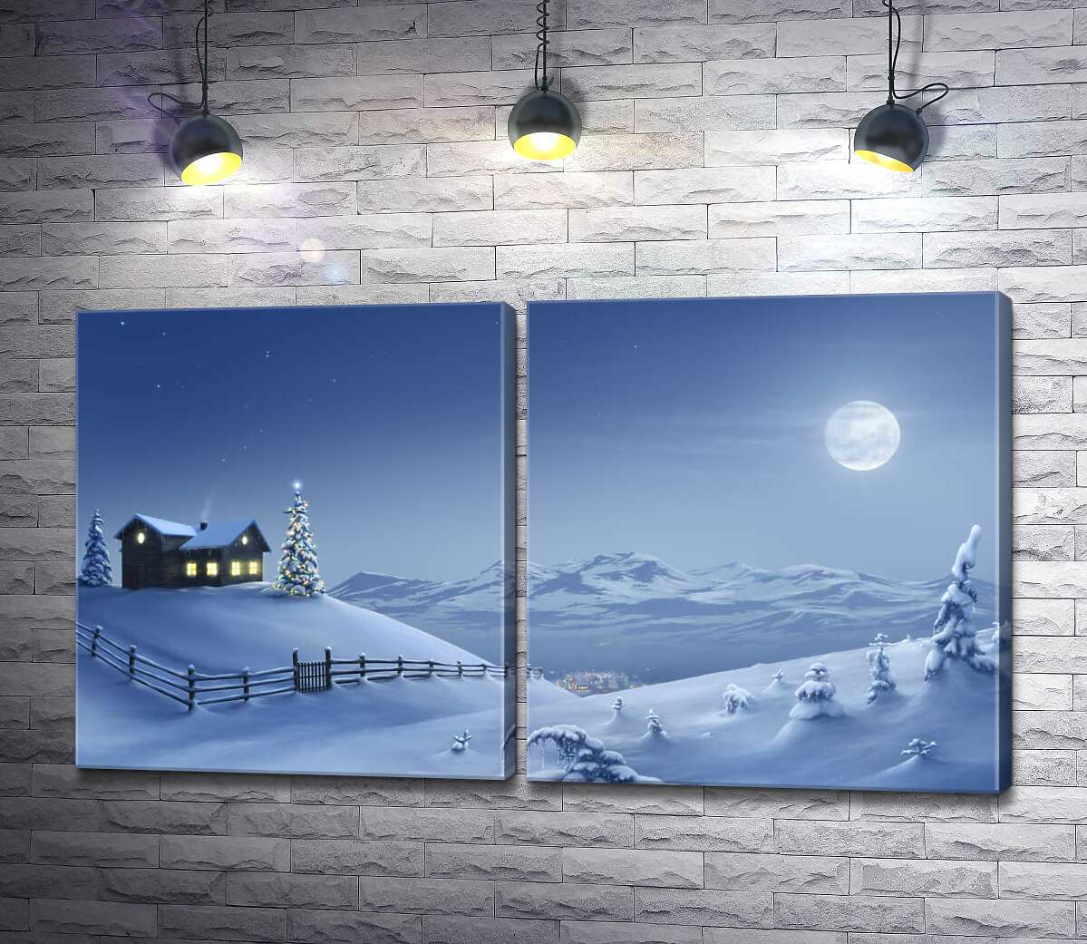 модульная картина Луна светит на заснеженный холм с праздничным домом