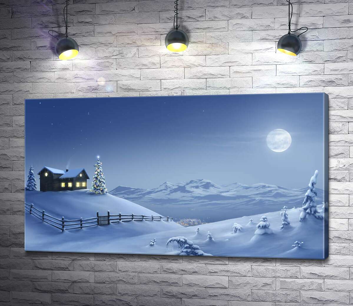 картина Місяць світить на засніжений пагорб зі святковим будинком