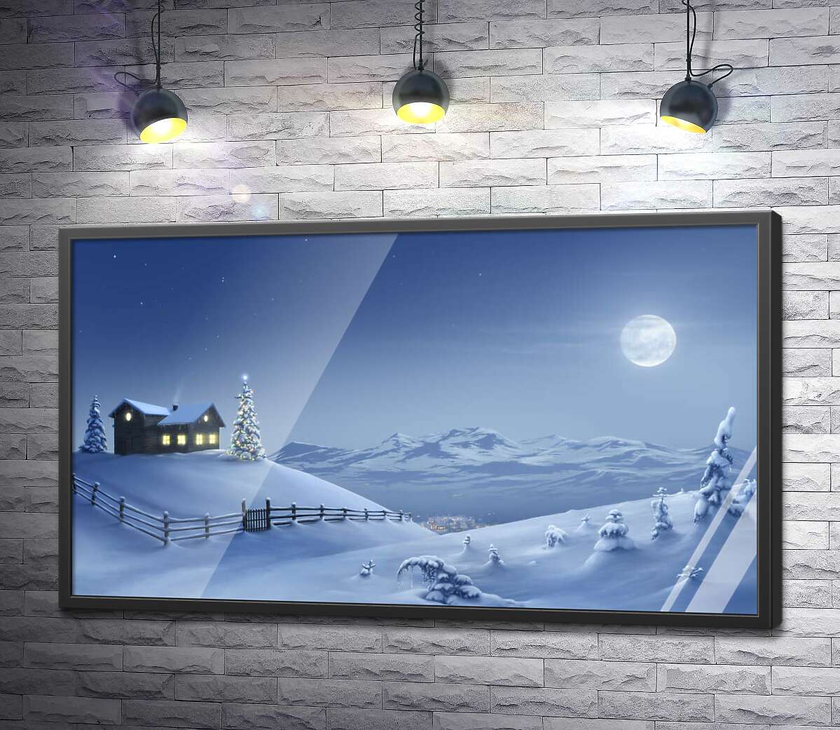постер Місяць світить на засніжений пагорб зі святковим будинком