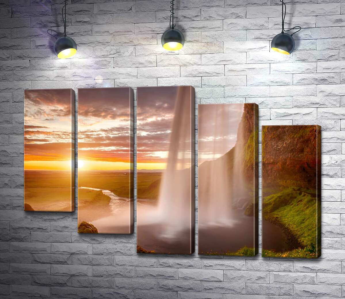 модульная картина Воды водопада Сельяландсфосс (Seljalandsfoss) в лучах солнца (Модуль №28)