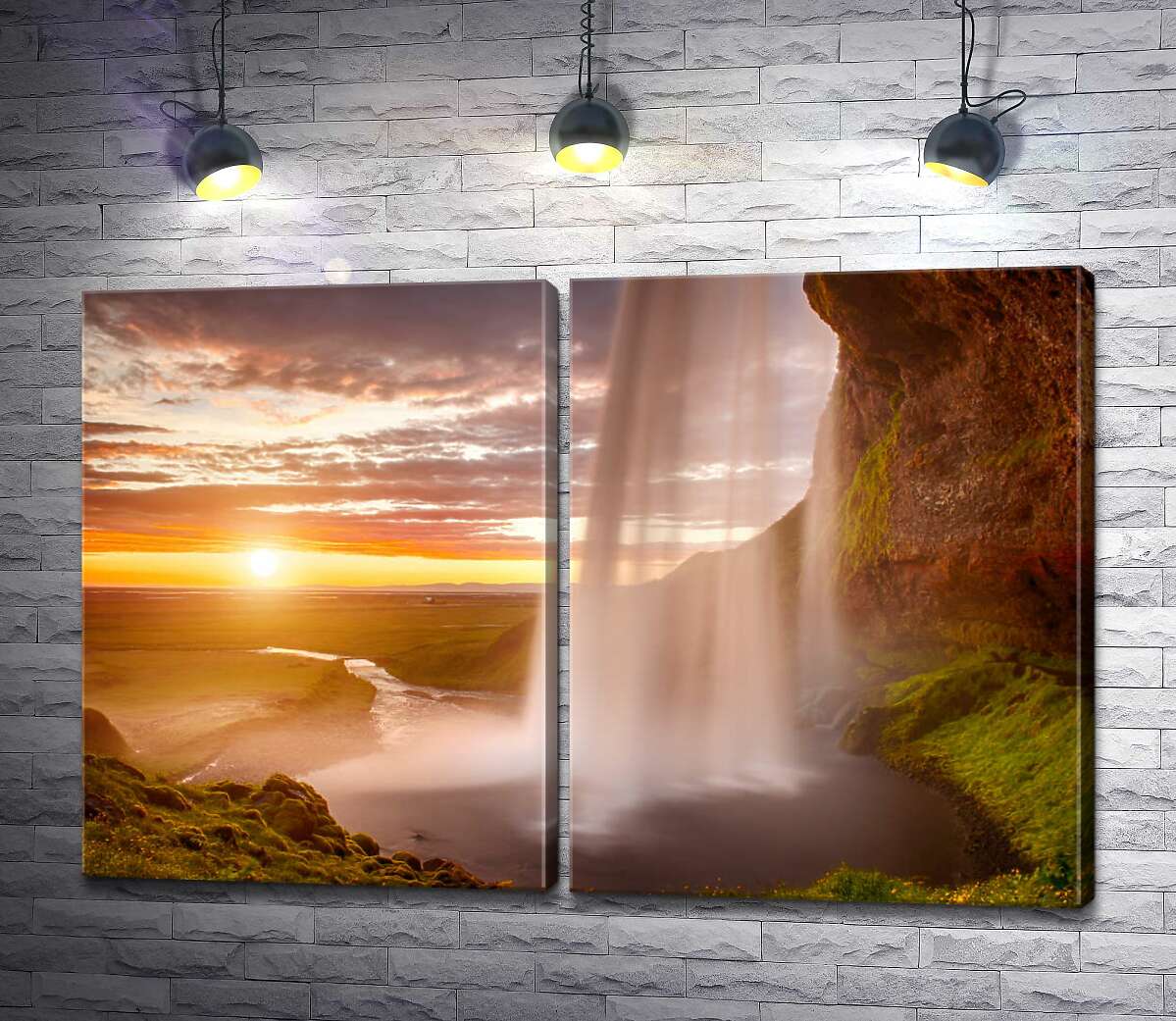 модульная картина Воды водопада Сельяландсфосс (Seljalandsfoss) в лучах солнца