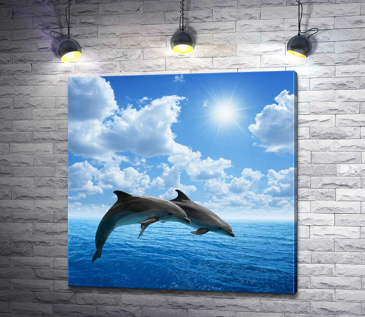 картина Пара дельфинов парит над поверхностью океана