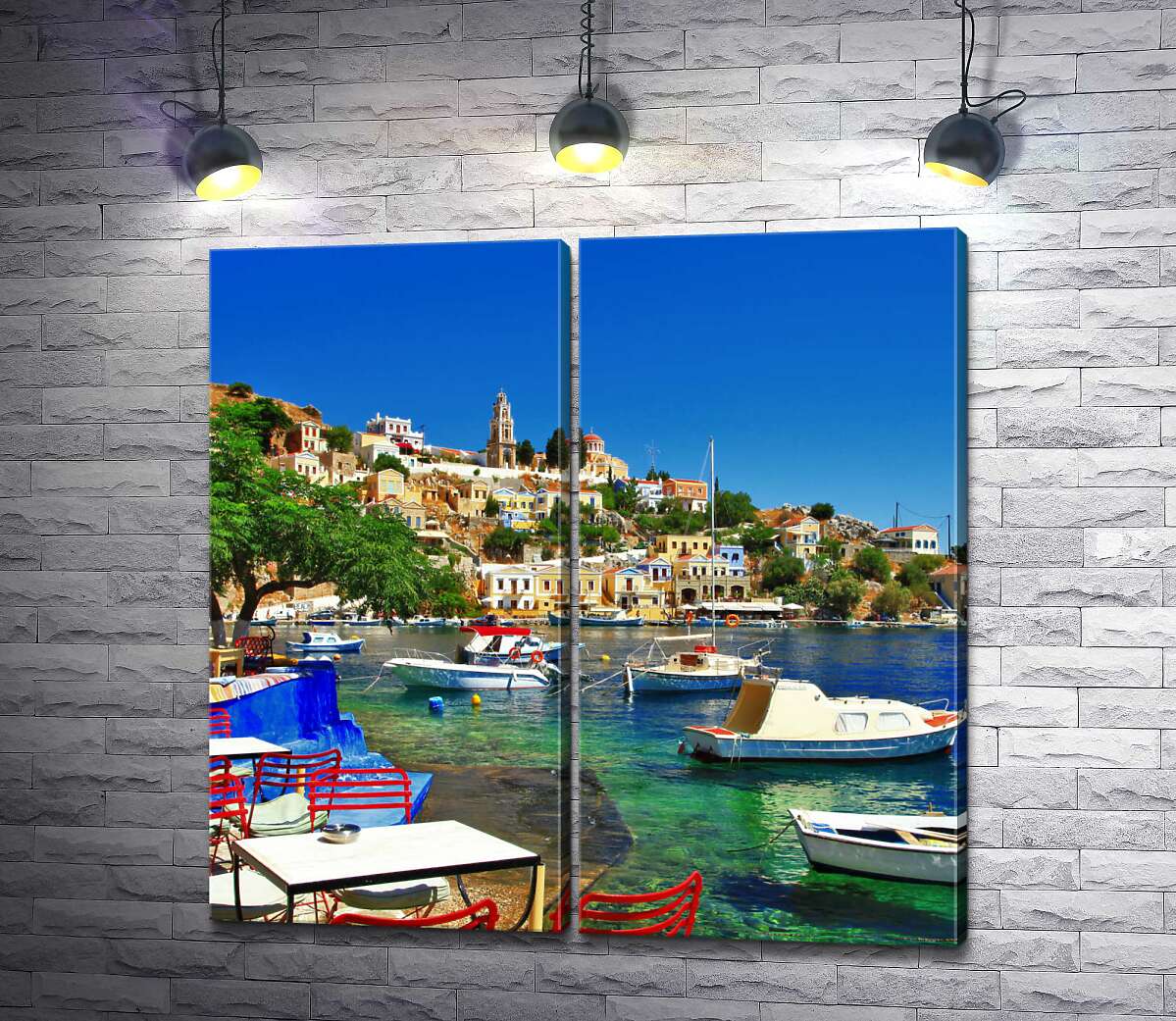 модульна картина Літній ресторан на березі моря у грецькому містечку