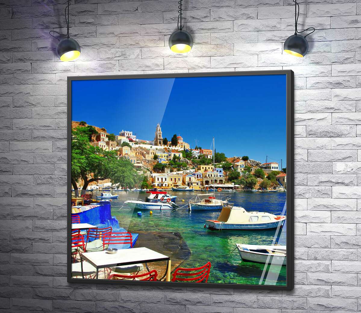 постер Летний ресторан на берегу моря в греческом городке