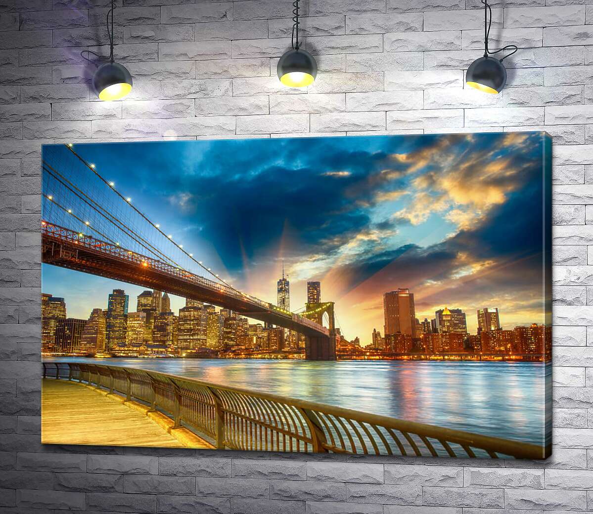 картина Бруклинский мост (Brooklyn Bridge) ведет к многолюдному мегаполису