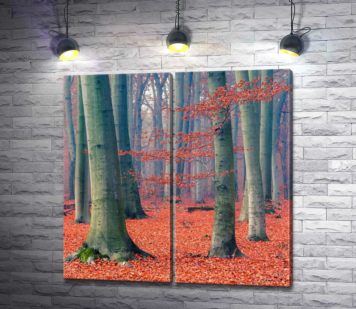 модульна картина Осінній ліс покритий килимом червоного листя