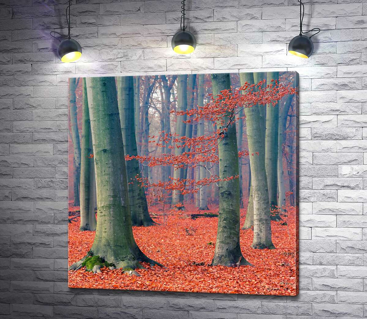 картина Осенний лес покрыт ковром красных листьев