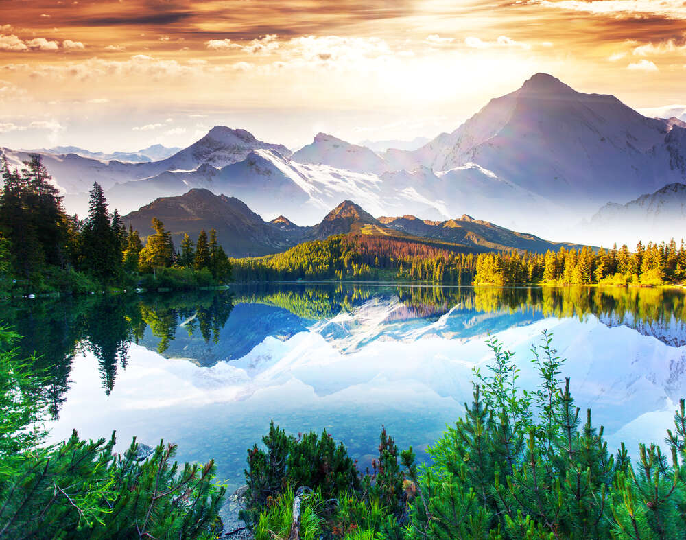 картина-постер Гірське озеро оточене хвойними лісами