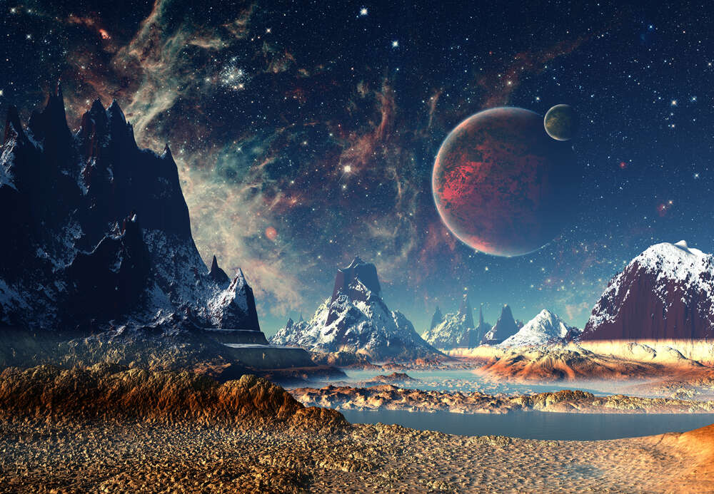 картина-постер Фантастический горный пейзаж на планете другой галактики