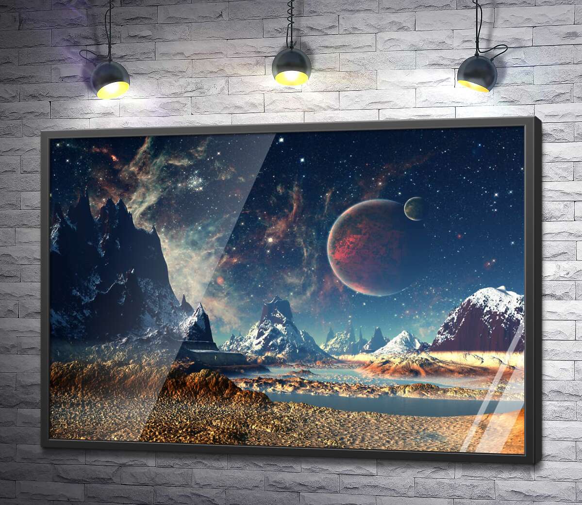 постер Фантастический горный пейзаж на планете другой галактики