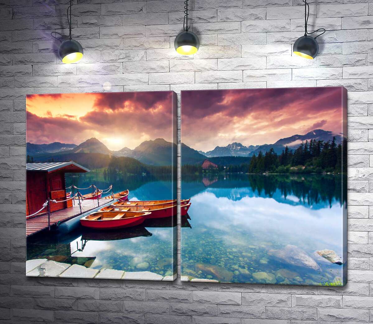 модульна картина Чепурні човни плавають біля причалу у прозорій воді гірського озера