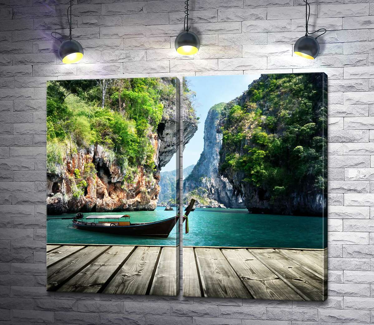 модульна картина Човен біля причалу на фоні химерних скель у Таїланді