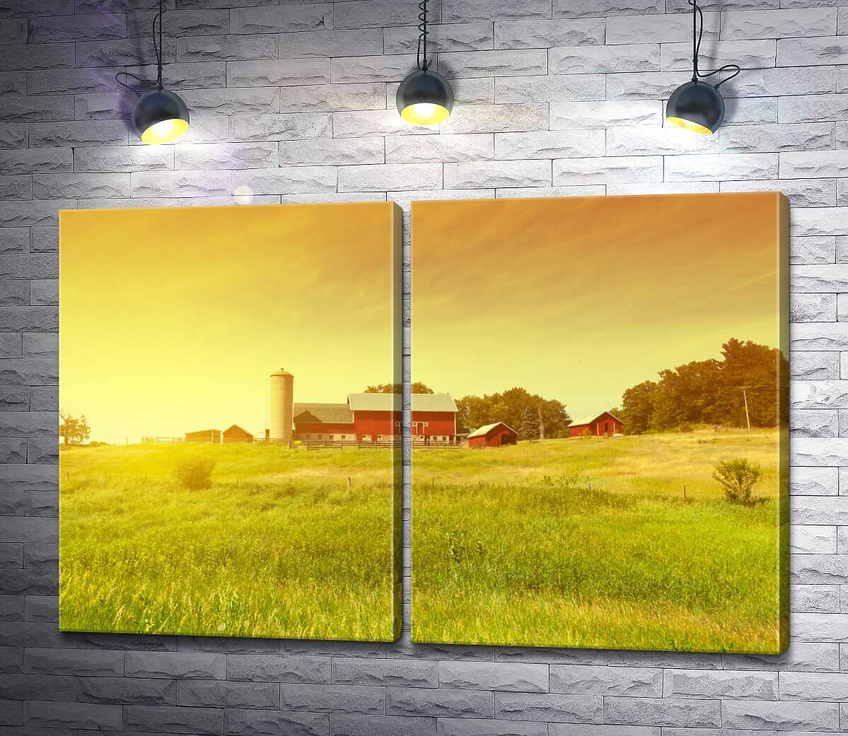 модульна картина Червоні будинки ферми серед зеленого поля