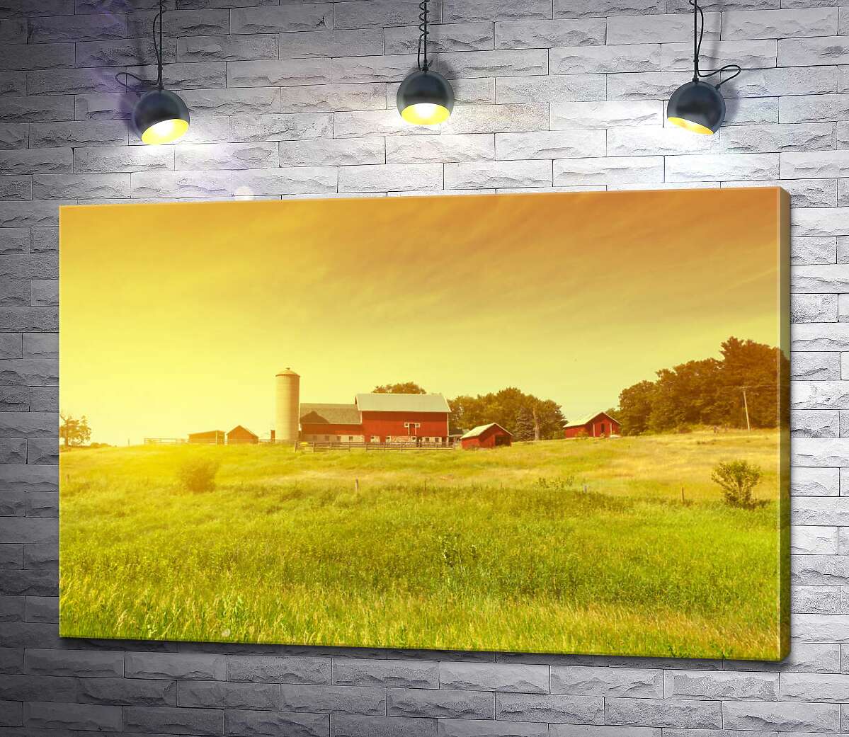 картина Красные дома фермы среди зеленого поля