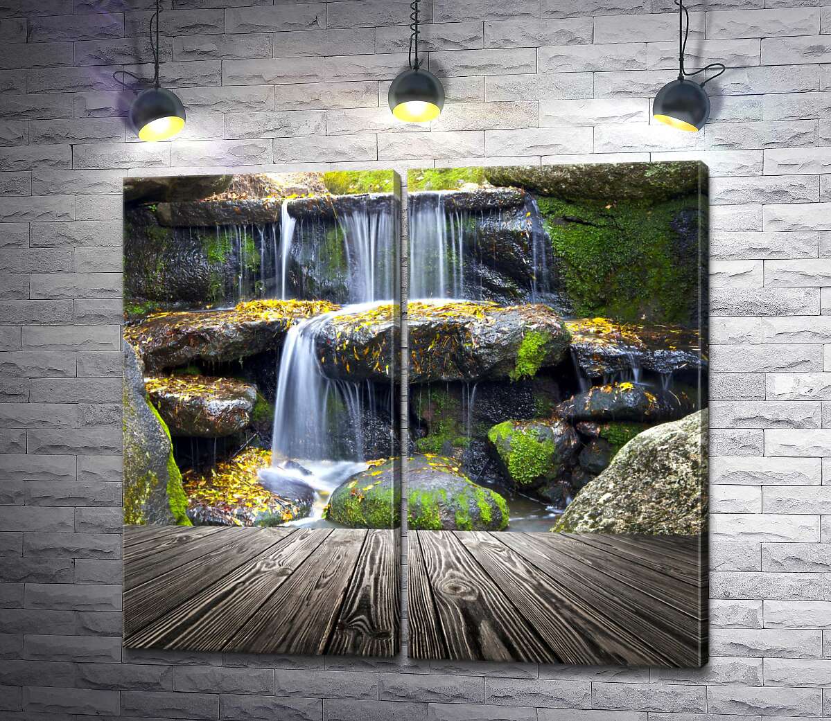 модульная картина Деревянный причал у осеннего водопада