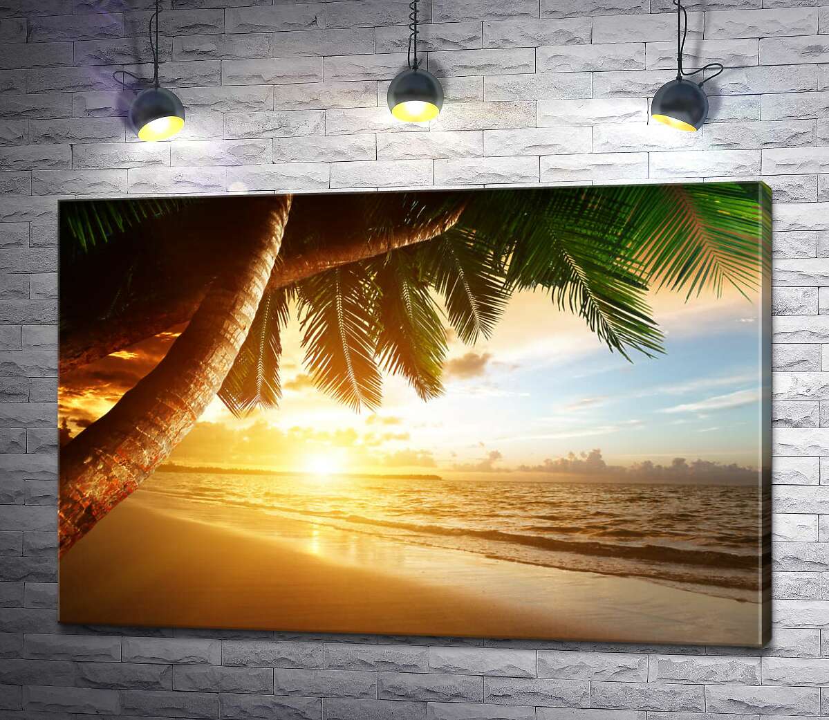 картина Вид на вечерний пляж с тени пальм