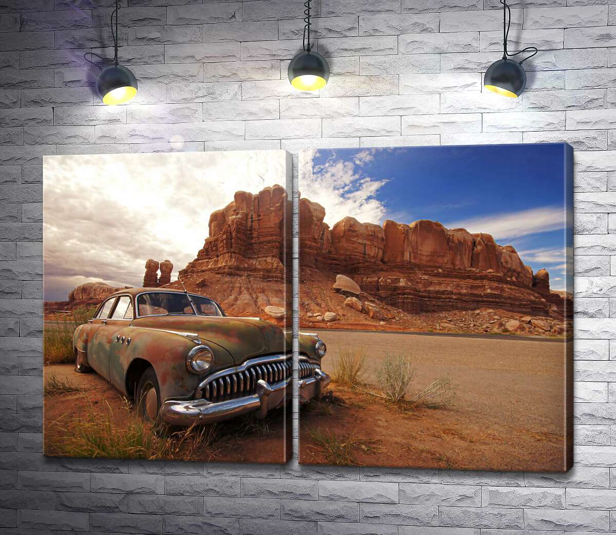 модульная картина Забытый ретро автомобиль стоит на обочине дороги среди пустыни