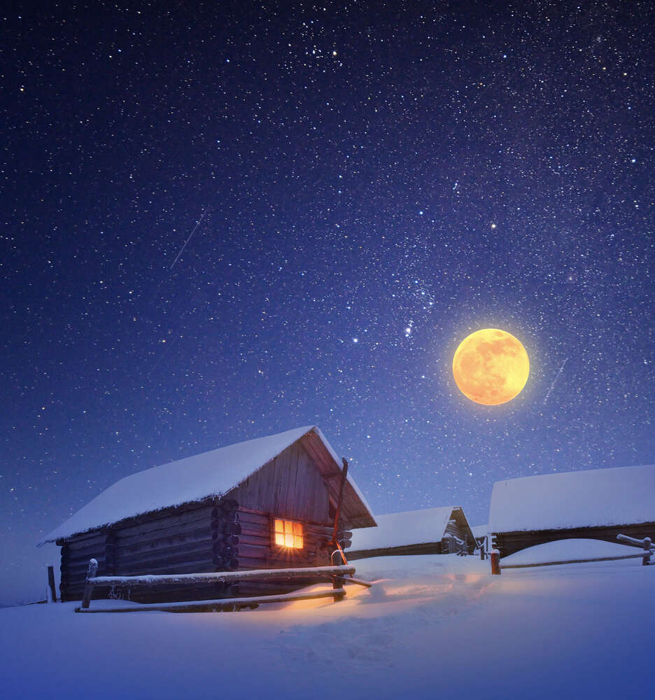 картина-постер Повний місяць освітлює дерев'яні будиночки зимового села