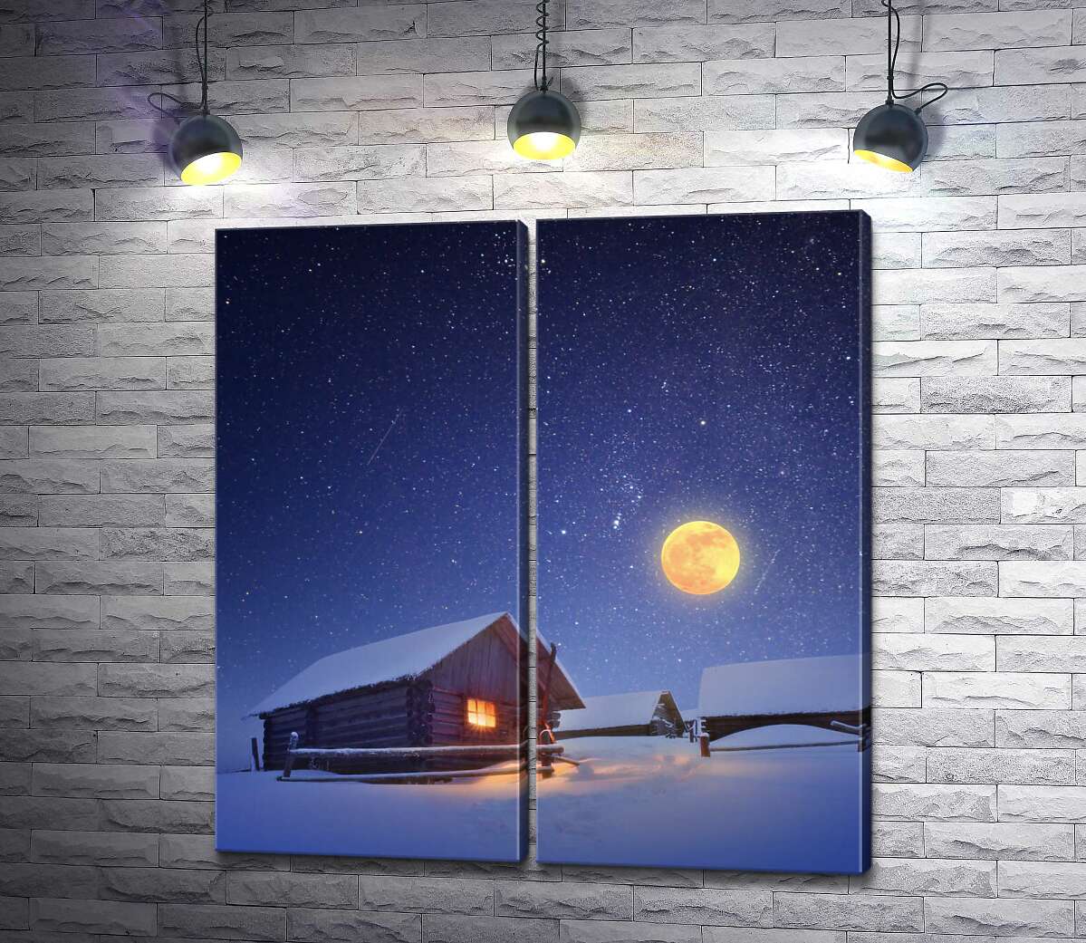 модульная картина Полная луна освещает деревянные домики зимней деревни