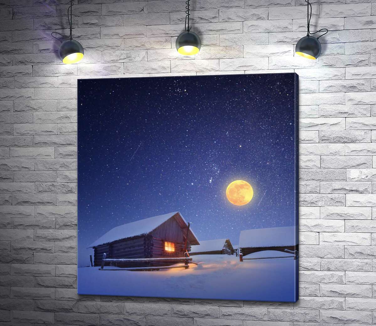 картина Повний місяць освітлює дерев'яні будиночки зимового села