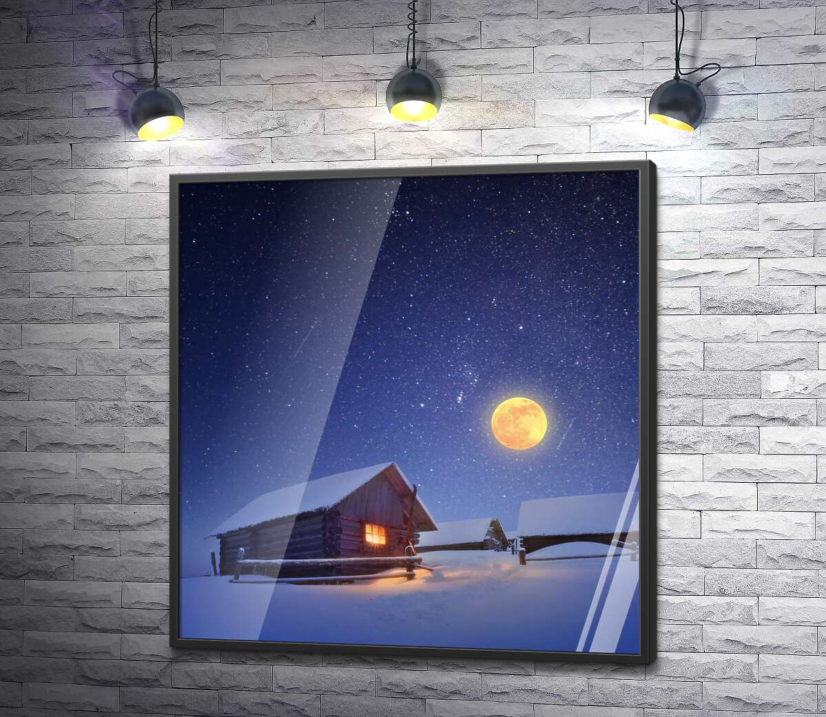 постер Повний місяць освітлює дерев'яні будиночки зимового села