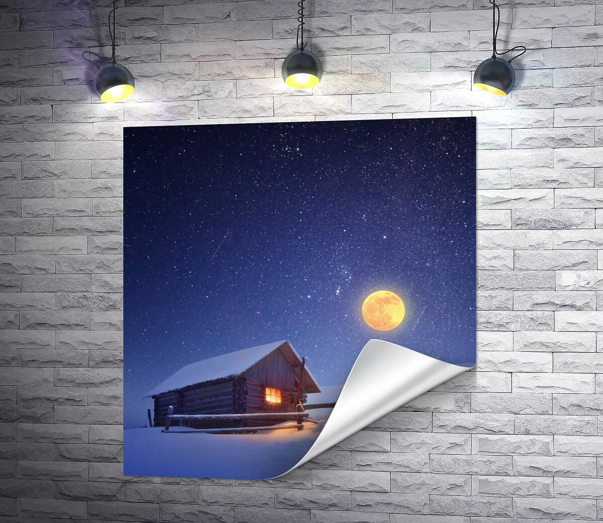 друк Повний місяць освітлює дерев'яні будиночки зимового села