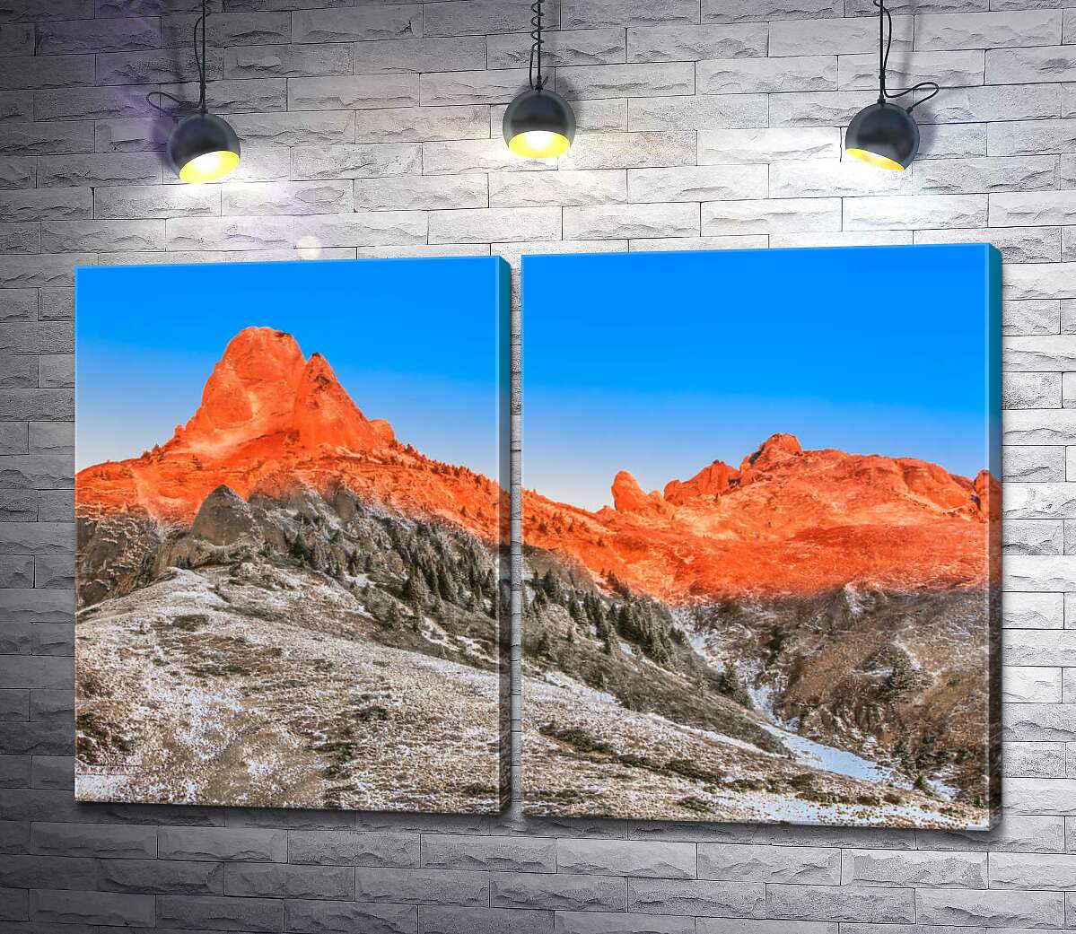 модульная картина Оранжевый солнечный свет растапливает снег на вершинах гор
