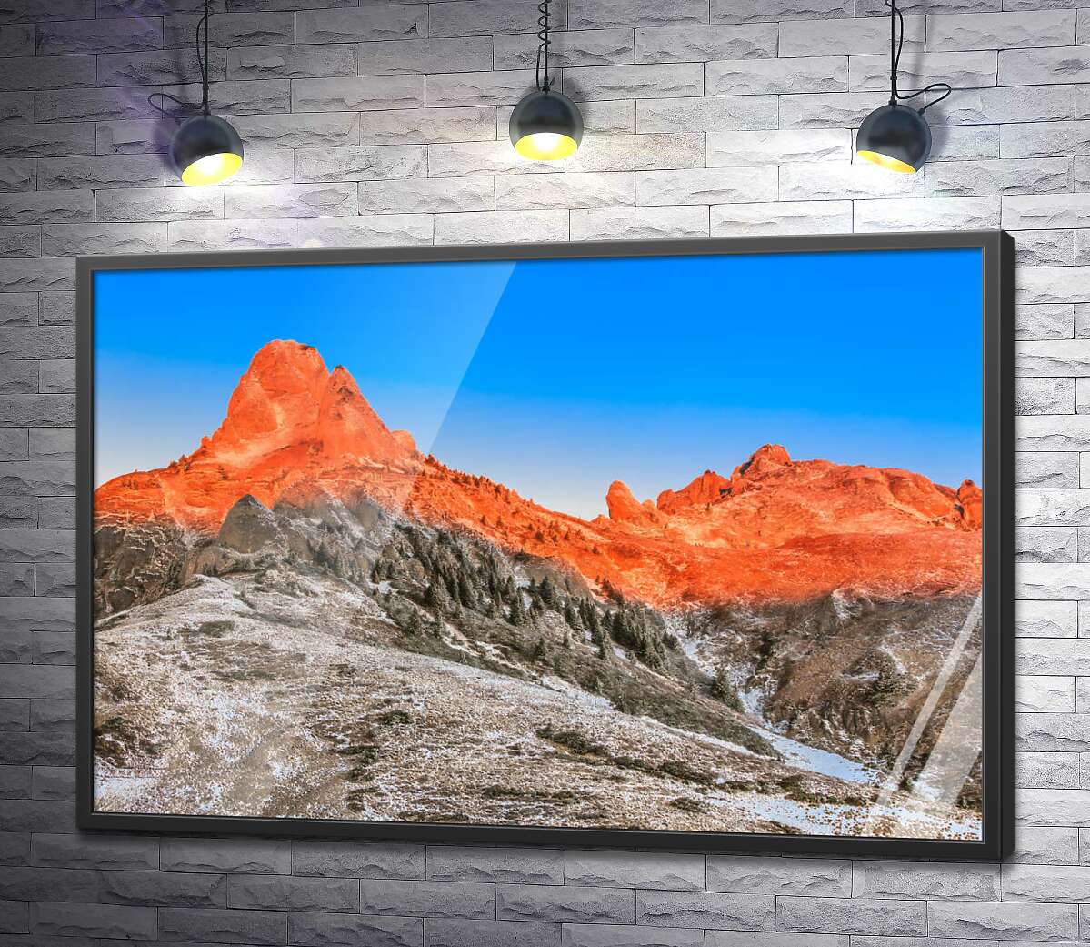 постер Помаранчеве сонячне світло розтоплює сніг на вершинах гір