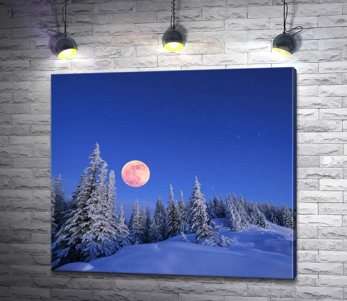 картина Повний місяць над засніженим хвойним лісом