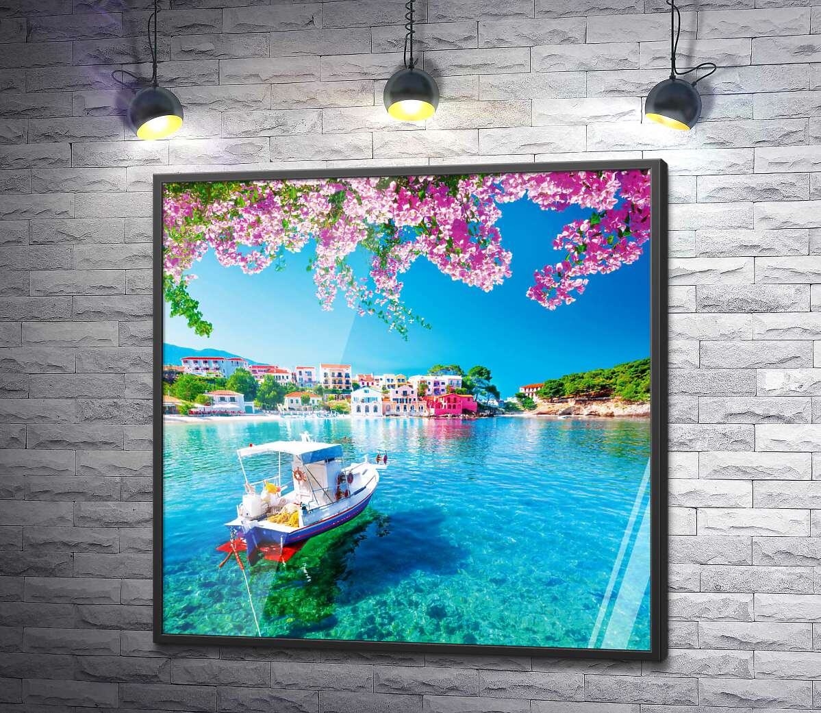 постер Білий човен на фоні маленьких будиночків грецького курорту