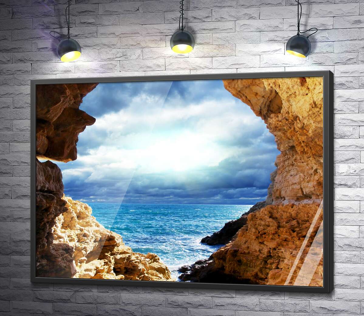 постер Природная арка между скалами ведет к морскому берегу